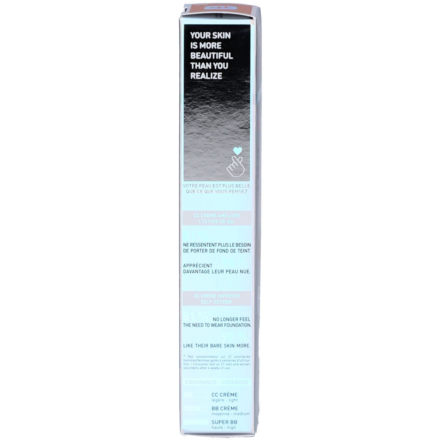Zijkant van de verpakking. Tekst: Your skin is more beautiful than you realize. CC Crème, Super BB.