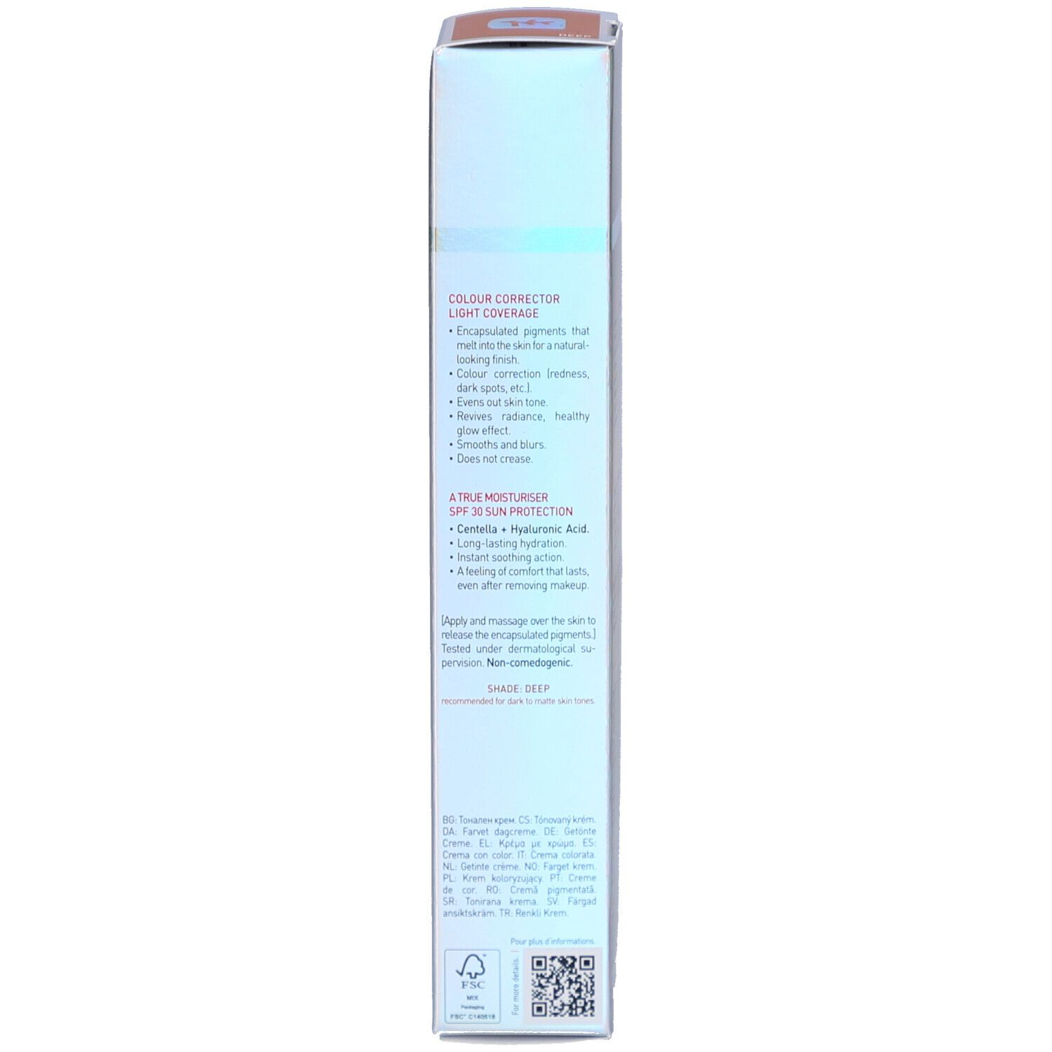 Zijkant van de verpakking. Tekst: Colour Corrector Light Coverage. Tint Deep. Ingrediënten.