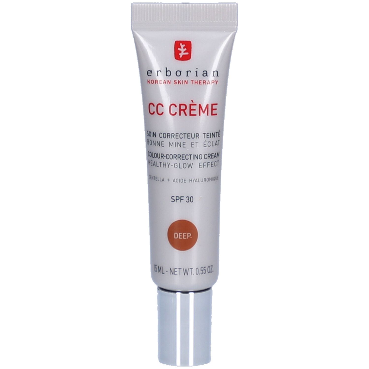 Witte tube met zilveren dop. Opschrift: CC CRÈME, SPF 30, Deep. Merk: Erborian.