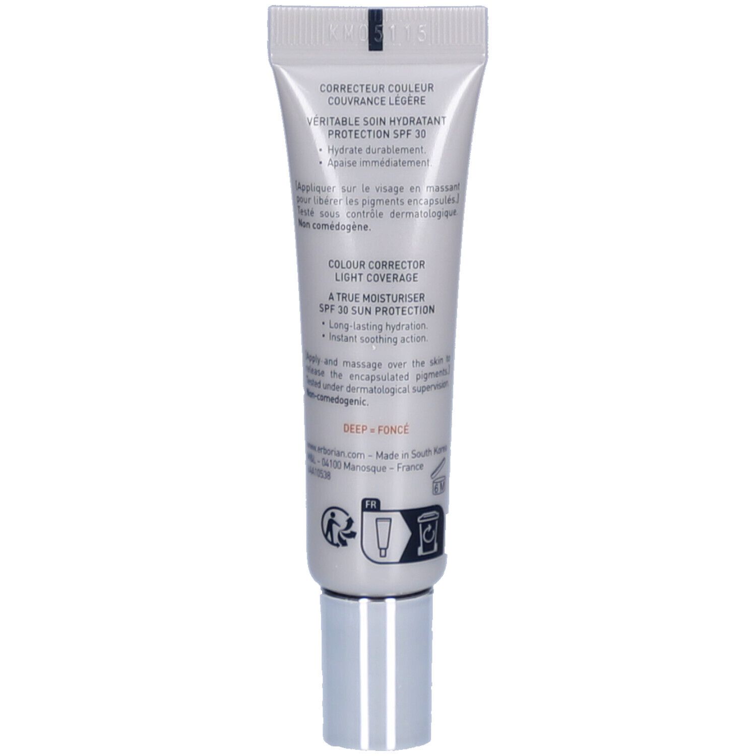 Achterkant van de tube. Tekst: CORRECTEUR COULEUR, PROTECTION SPF 30. Merk: Erborian. Ingrediënten en gebruiksaanwijzing.