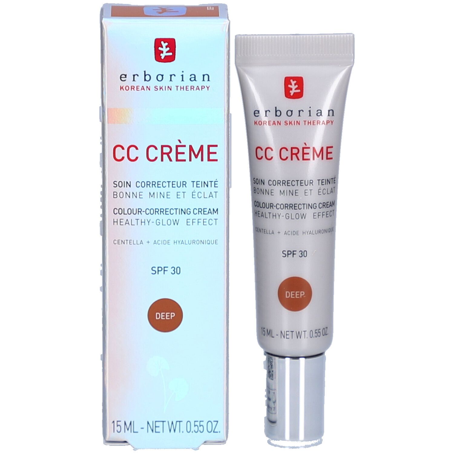 Product en verpakking. Witte doos en tube. Opschrift: CC CRÈME, SPF 30, Deep. Merk: Erborian.