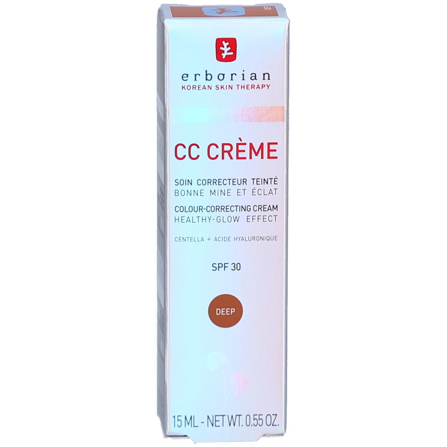 Witte doos met opschrift: CC CRÈME, SPF 30, Deep. Merk: Erborian. Productafbeelding.