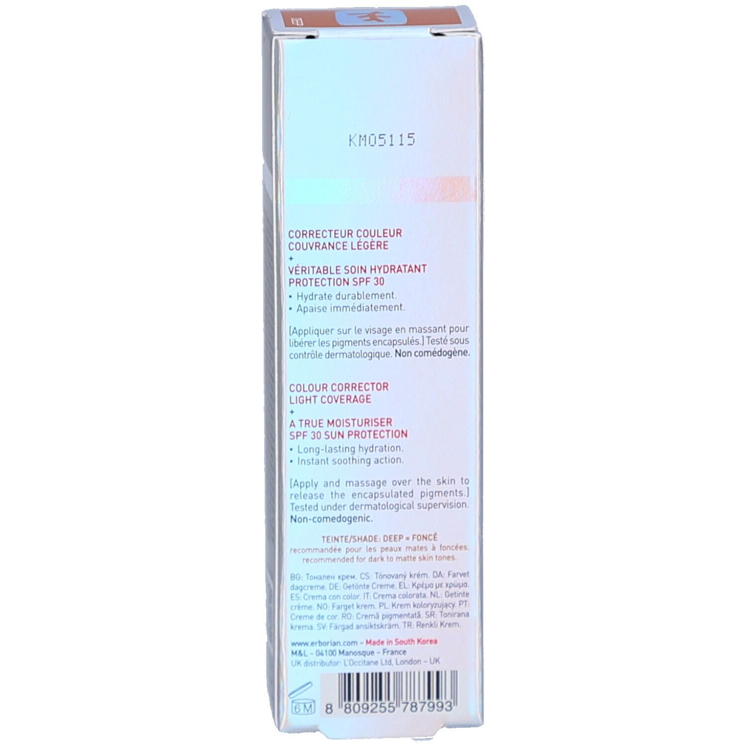 Achterkant van de doos. Tekst: CORRECTEUR COULEUR, PROTECTION SPF 30. Ingrediënten en gebruiksaanwijzing.