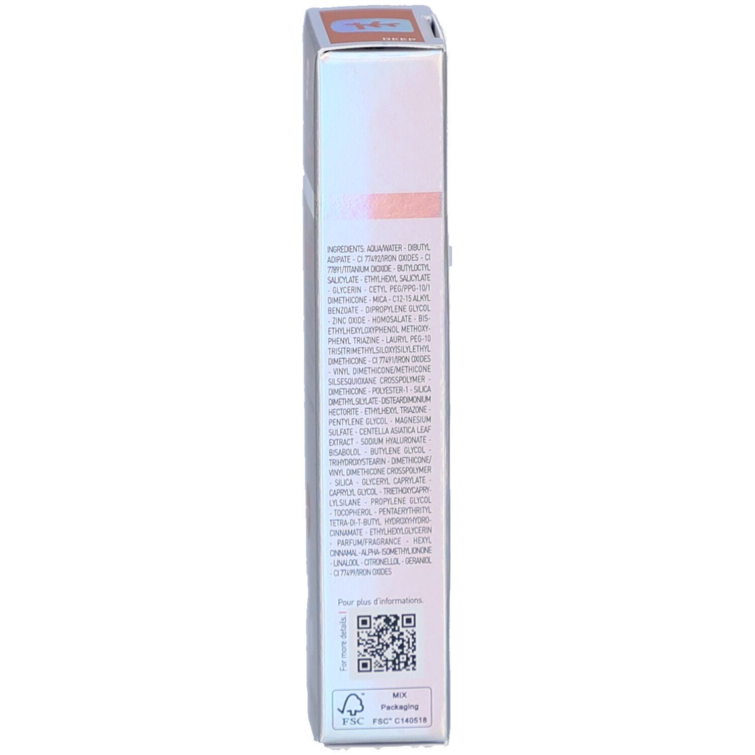 Achterkant van de doos. Ingrediënten. QR-code. FSC-certificering.