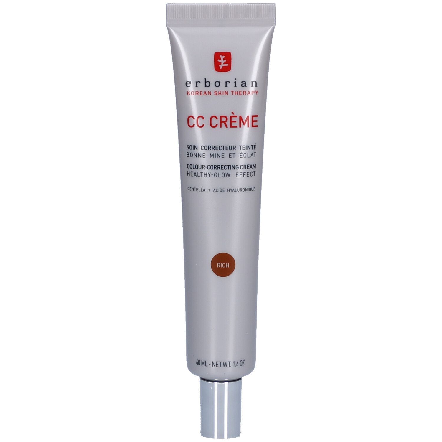 Zilveren tube met rode tekst "CC CRÈME". Bevat 40 ml. Tint Rich. Merk: Erborian.