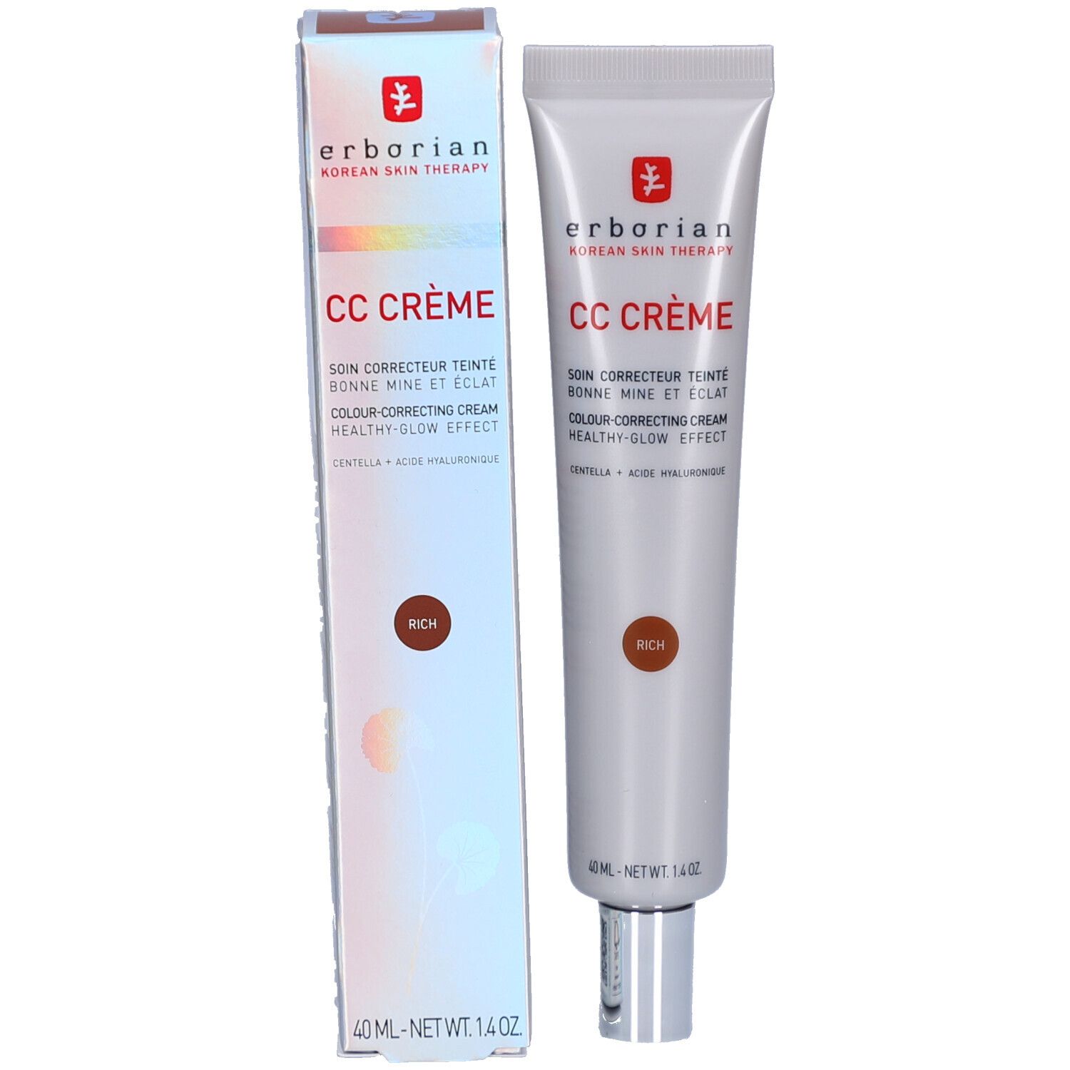 Productverpakking met tube en doos. Doos met productnaam en tint Rich. Merk: Erborian.