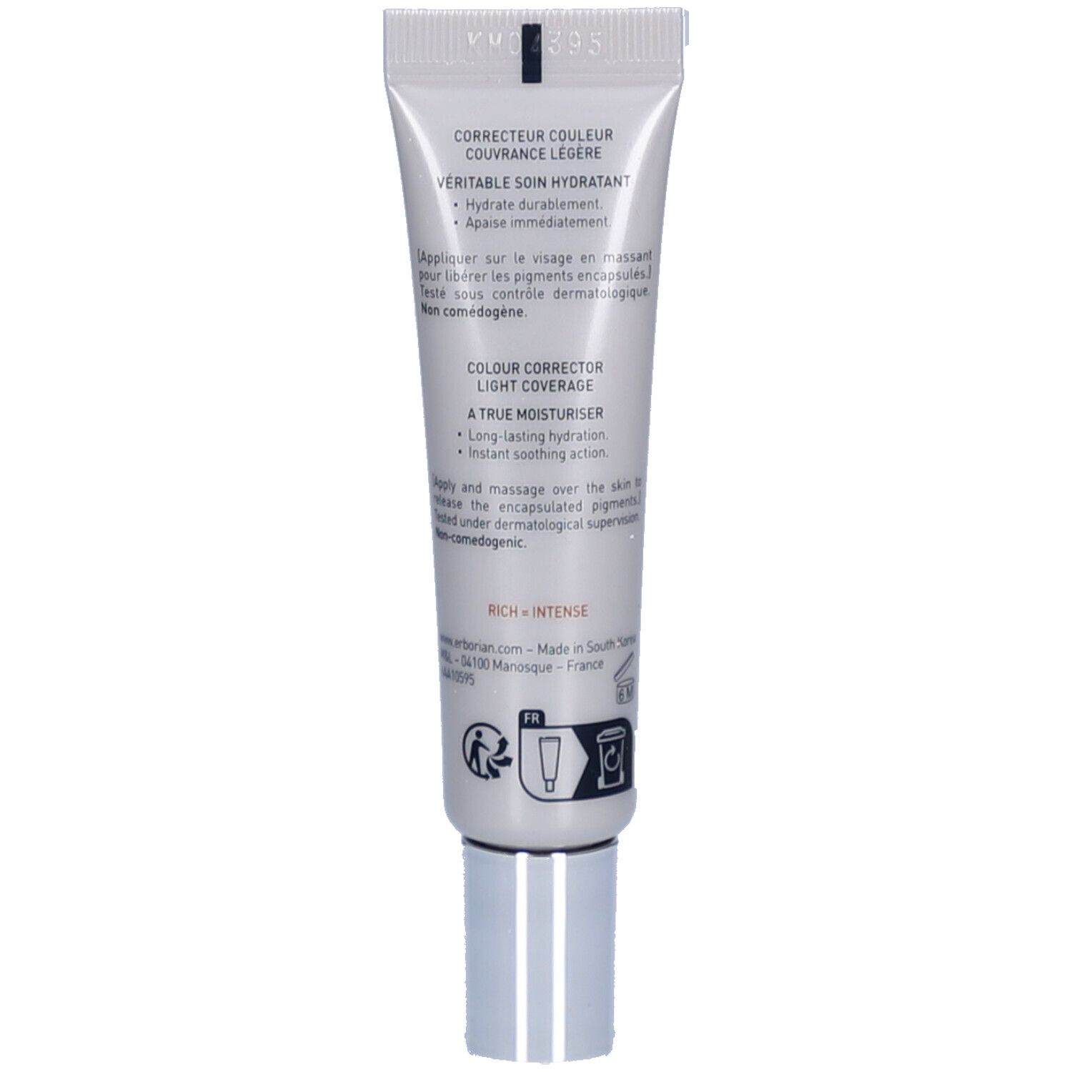 Achterkant van de crèmetube. Tekstinformatie over het product en het gebruik. Tint: Rich - Intense.