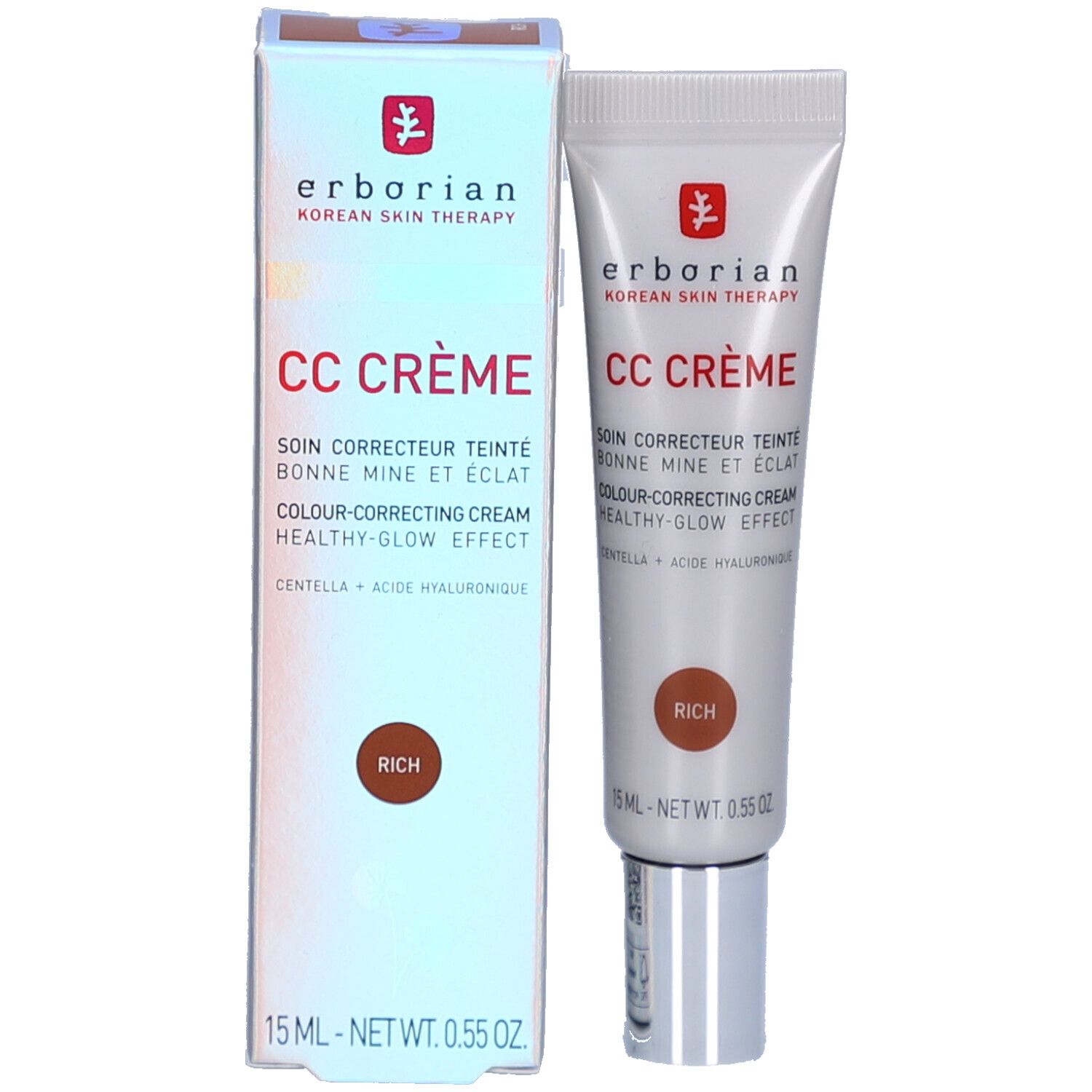 Productverpakking met tube en doos. Merk en productnaam duidelijk zichtbaar. Tint: Rich.