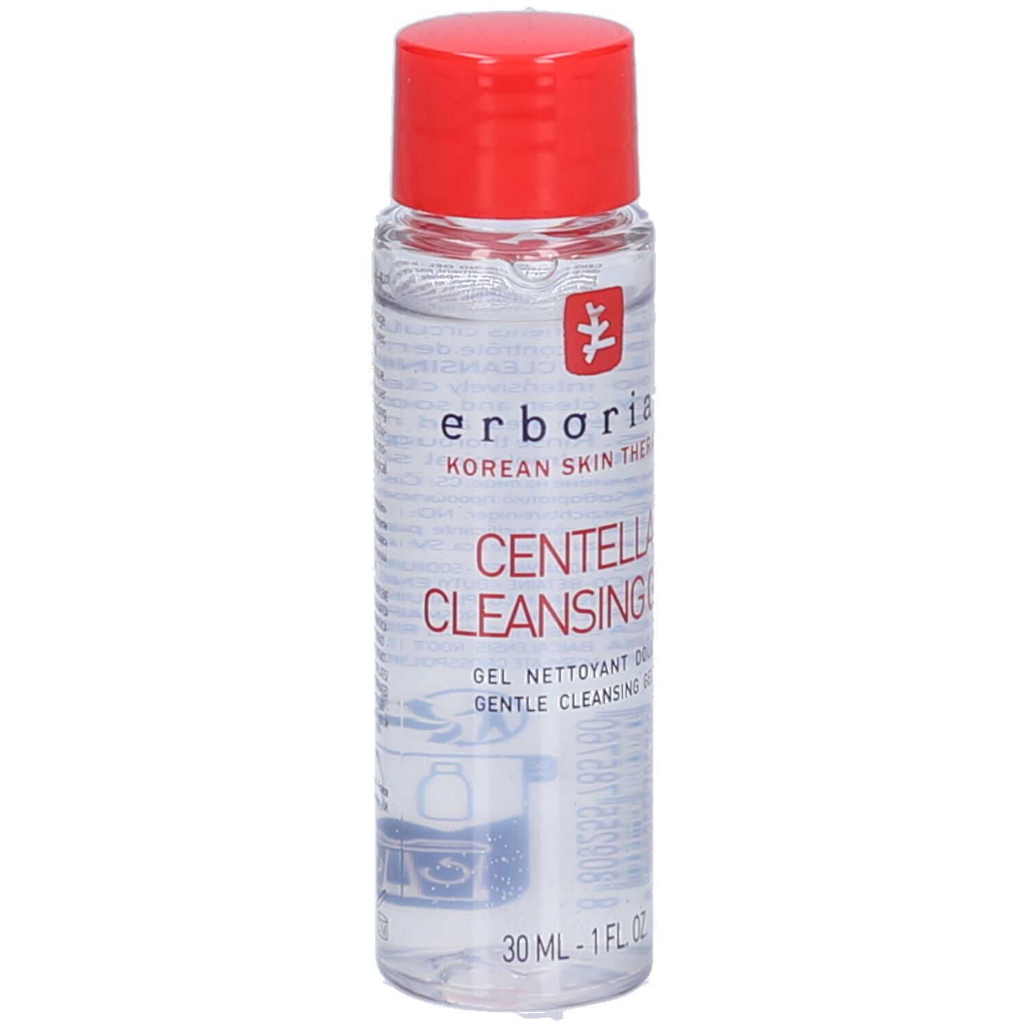Flacon transparent, bouchon rouge. Inscription: Centella Cleansing Gel, 30 ml. Marque: Erborian.
