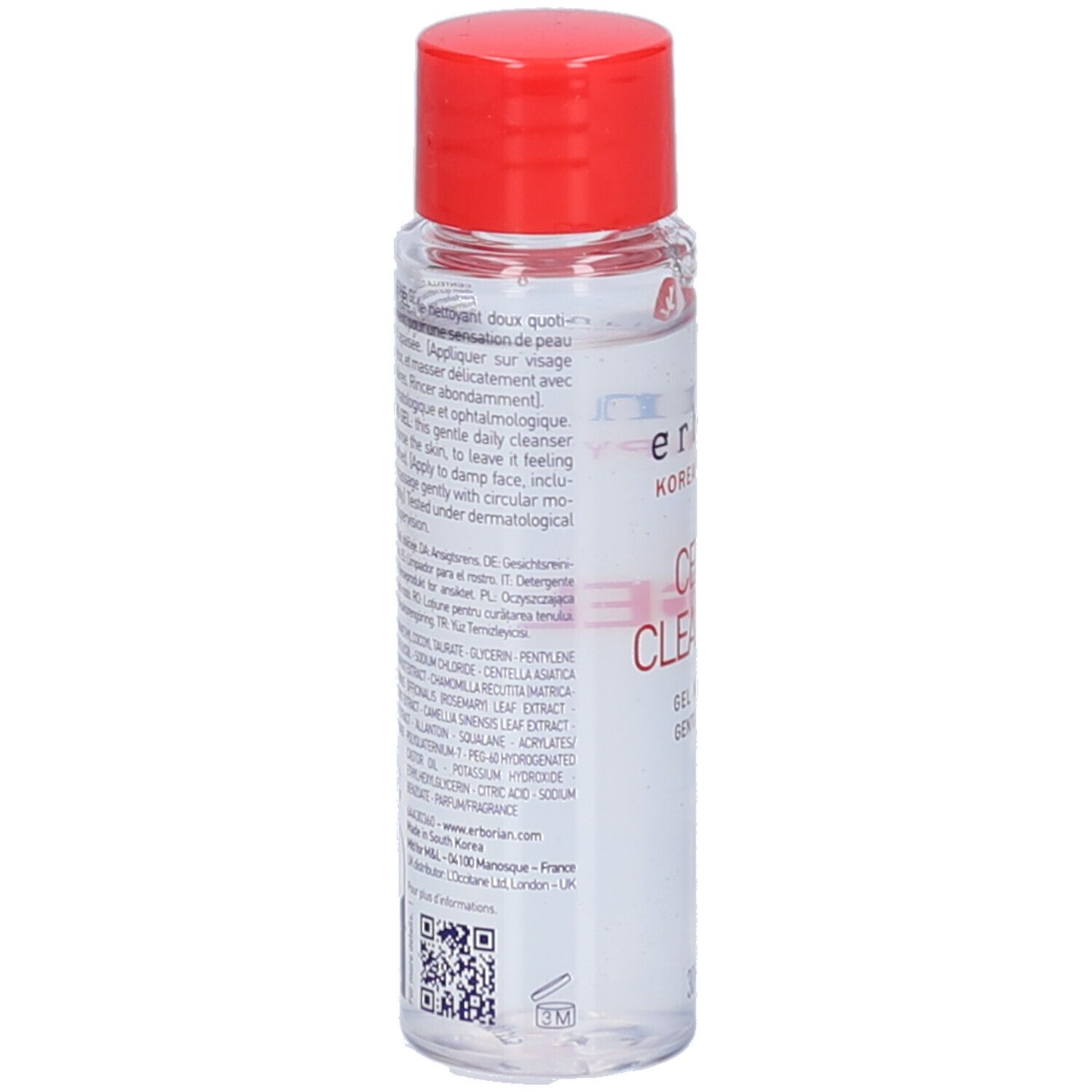 Flacon transparent, bouchon rouge. Dos avec texte et code QR. Marque: Erborian.
