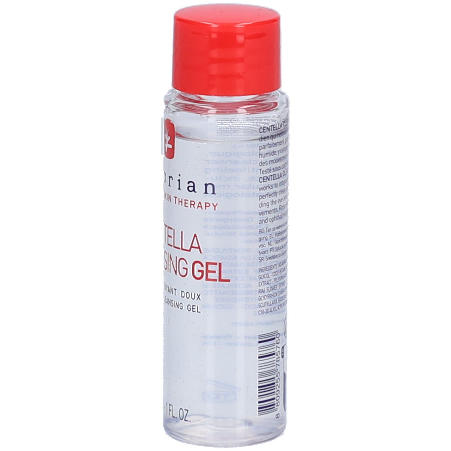Flacon transparent, bouchon rouge. Inscription: Centella Cleansing Gel. Marque: Erborian.