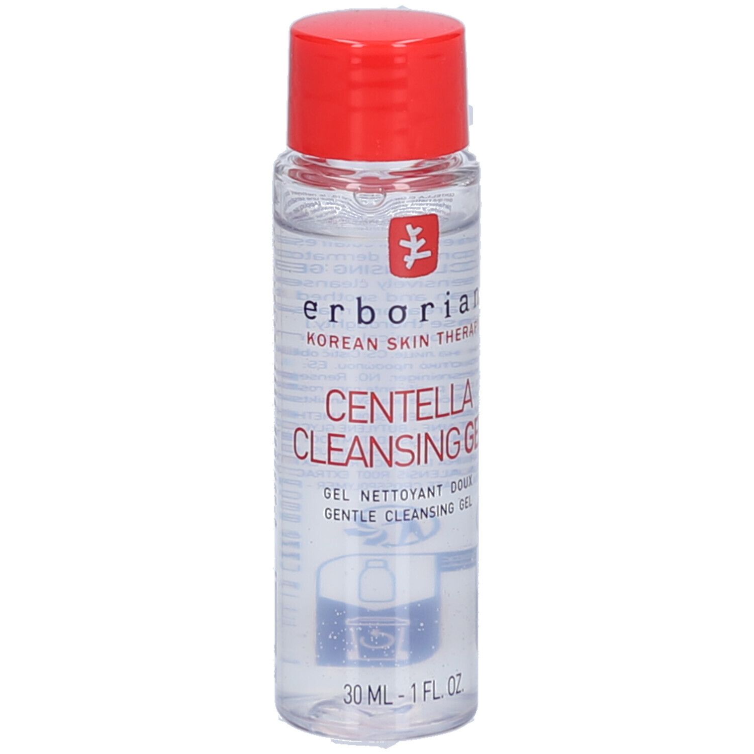 Flacon transparent, bouchon rouge. Inscription: Centella Cleansing Gel, 30 ml. Marque: Erborian.