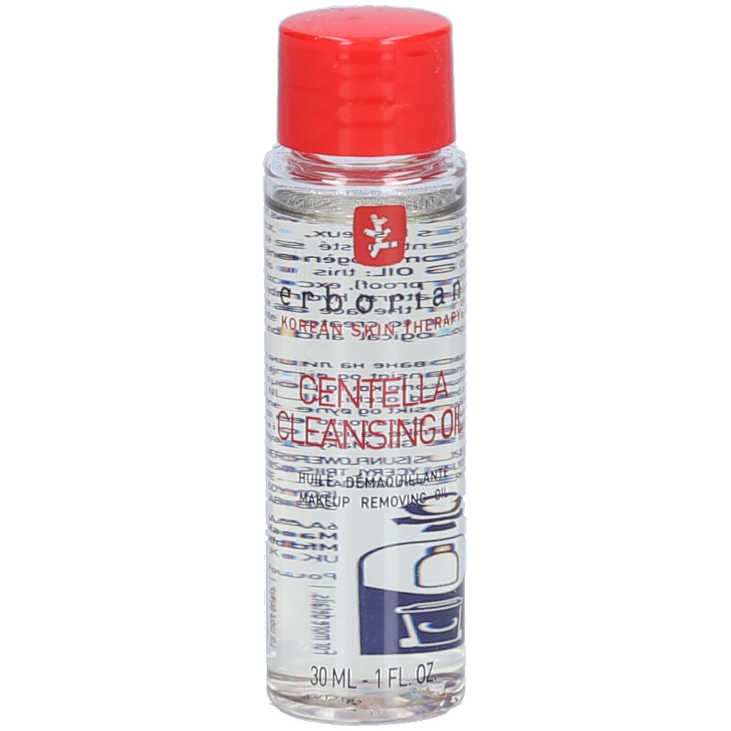 Transparante fles met rode dop. Opschrift: Centella Cleansing Oil. Merk: Erborian. 30 ml.