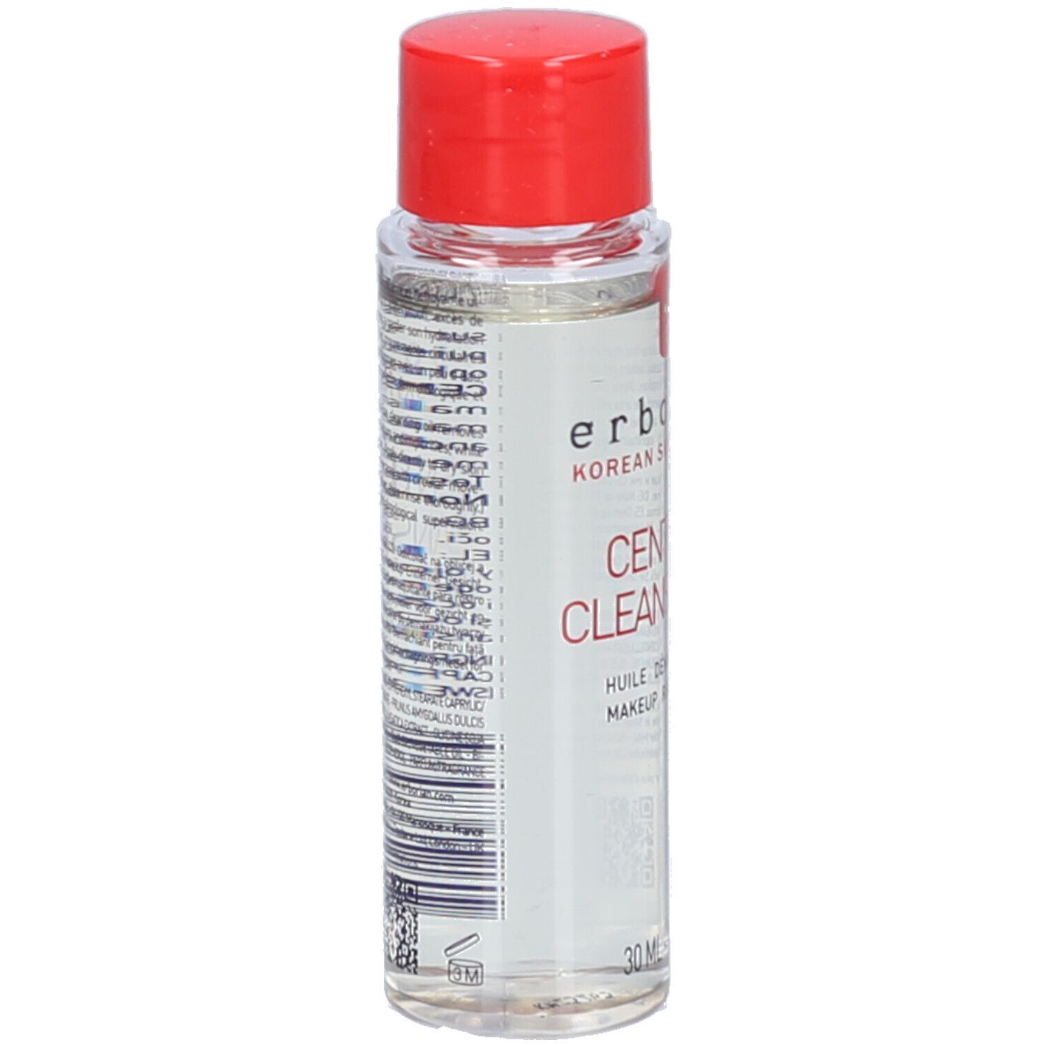 Transparante fles met rode dop. Opschrift: Centella Cleansing Oil. Merk: Erborian. 30 ml.