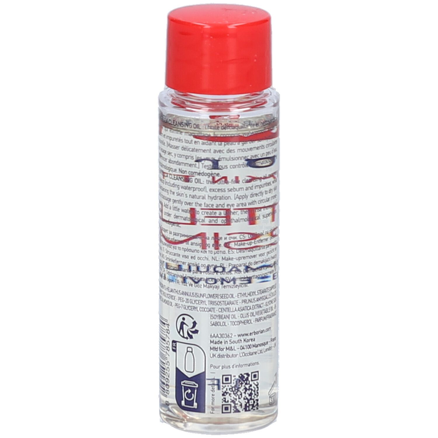 Transparante fles met rode dop. Tekst op de achterkant. Merk: Erborian. 30 ml.