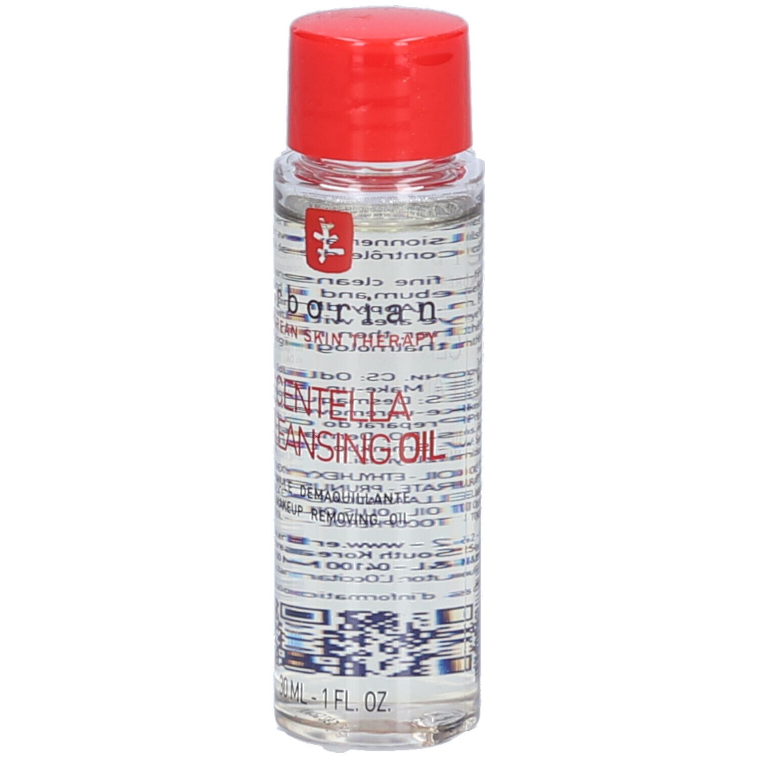 Transparante fles met rode dop. Opschrift: Centella Cleansing Oil. Merk: Erborian. 30 ml.