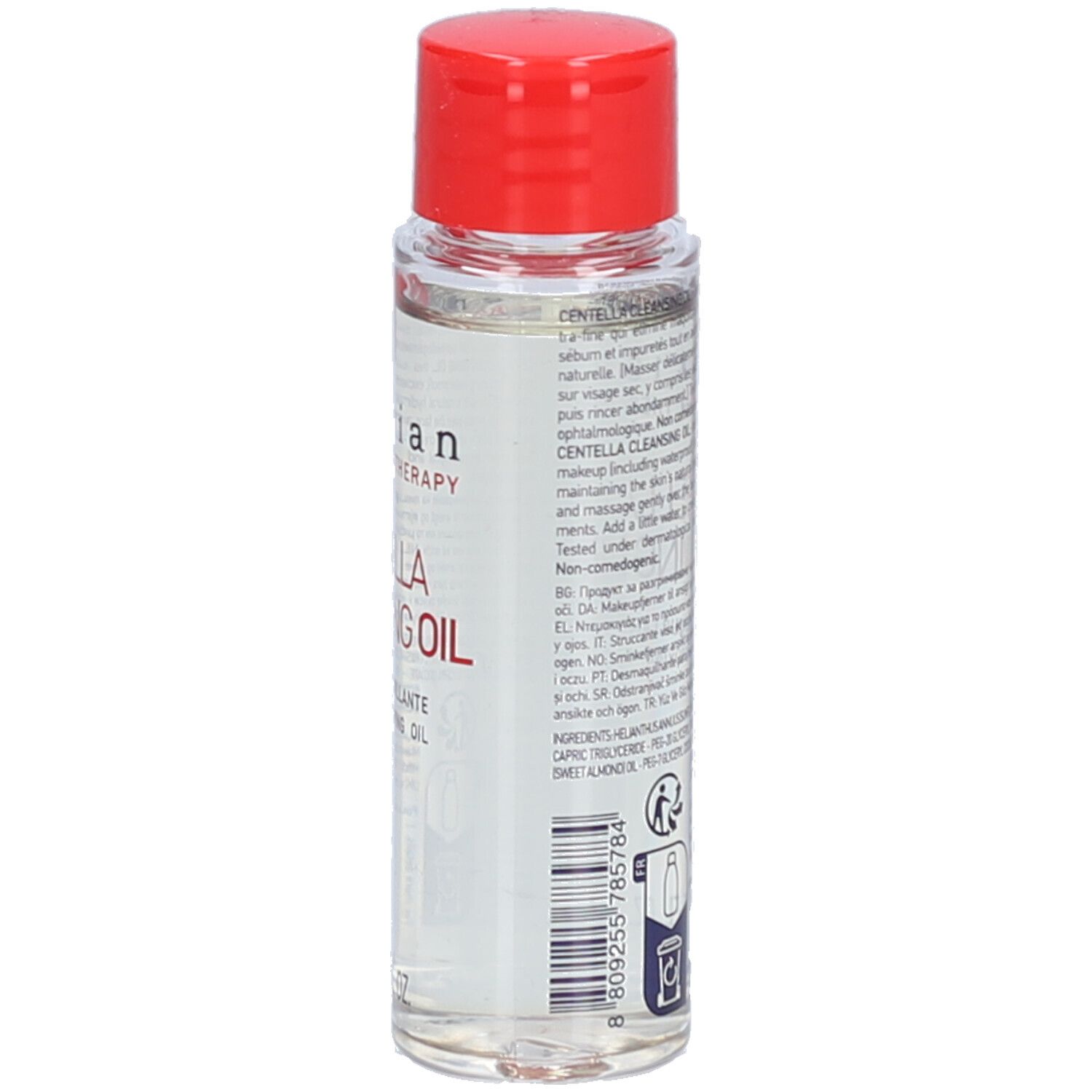 Transparante fles met rode dop. Opschrift: Centella Cleansing Oil. Merk: Erborian. 30 ml.