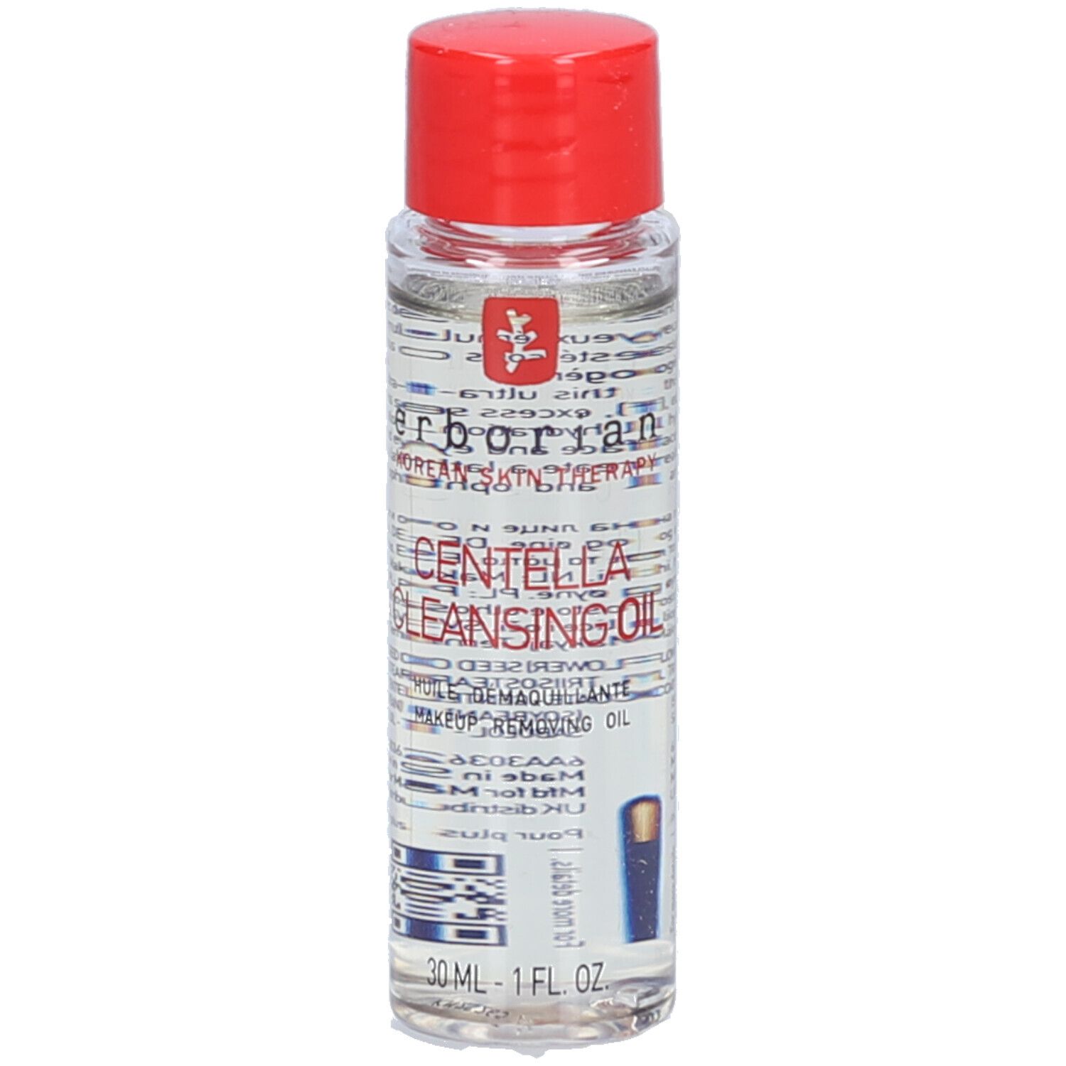 Transparante fles met rode dop. Opschrift: Centella Cleansing Oil. Merk: Erborian. 30 ml.