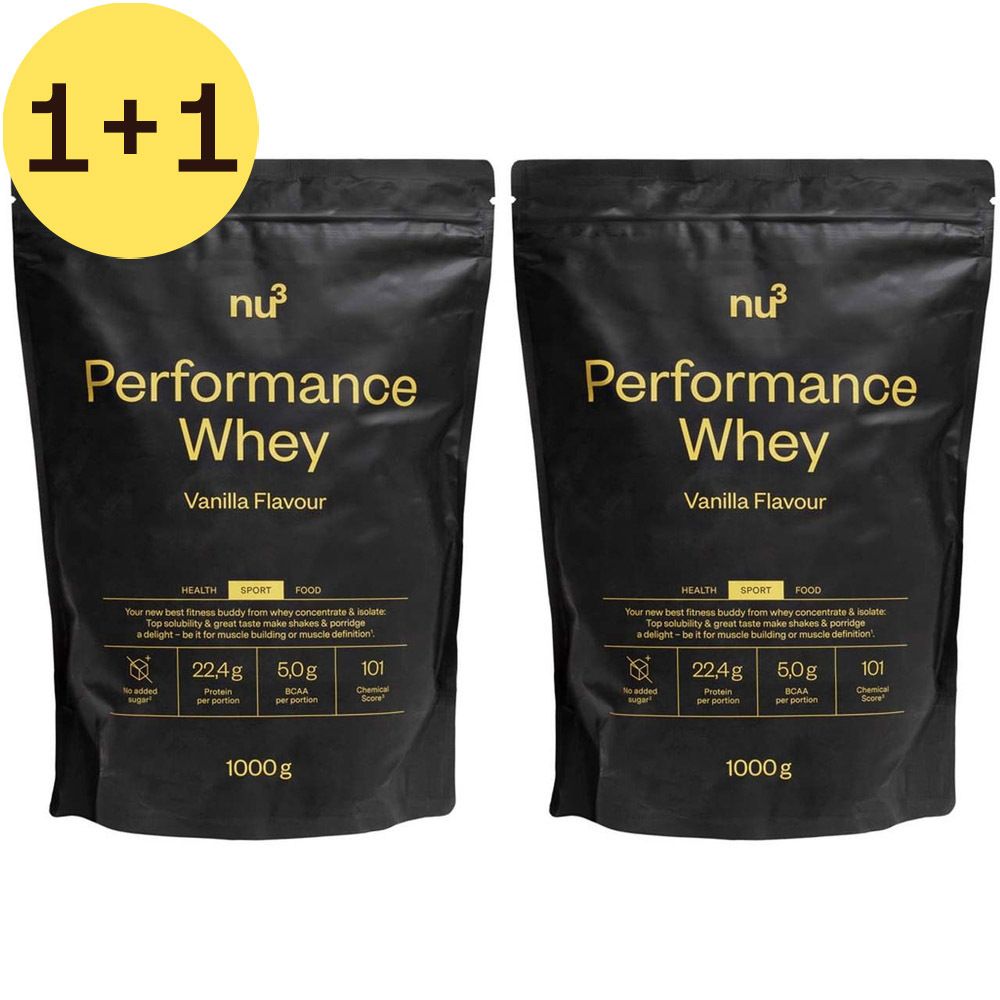 Deux sachets de nu3 Performance Whey Vanilla. Emballage noir avec texte doré. Offre 1+1.