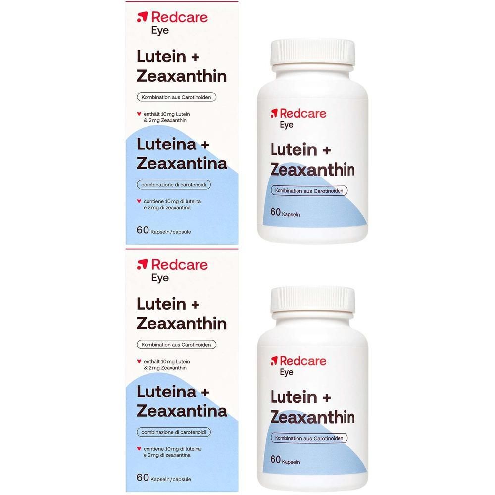 Twee pakken en twee flessen Redcare Eye Lutein + Zeaxanthin, elke fles bevat 60 capsules.