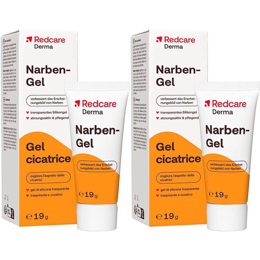 Deux tubes et deux boîtes de Redcare Derma Narben-Gel. "Narben-Gel" est écrit sur les tubes et les boîtes.