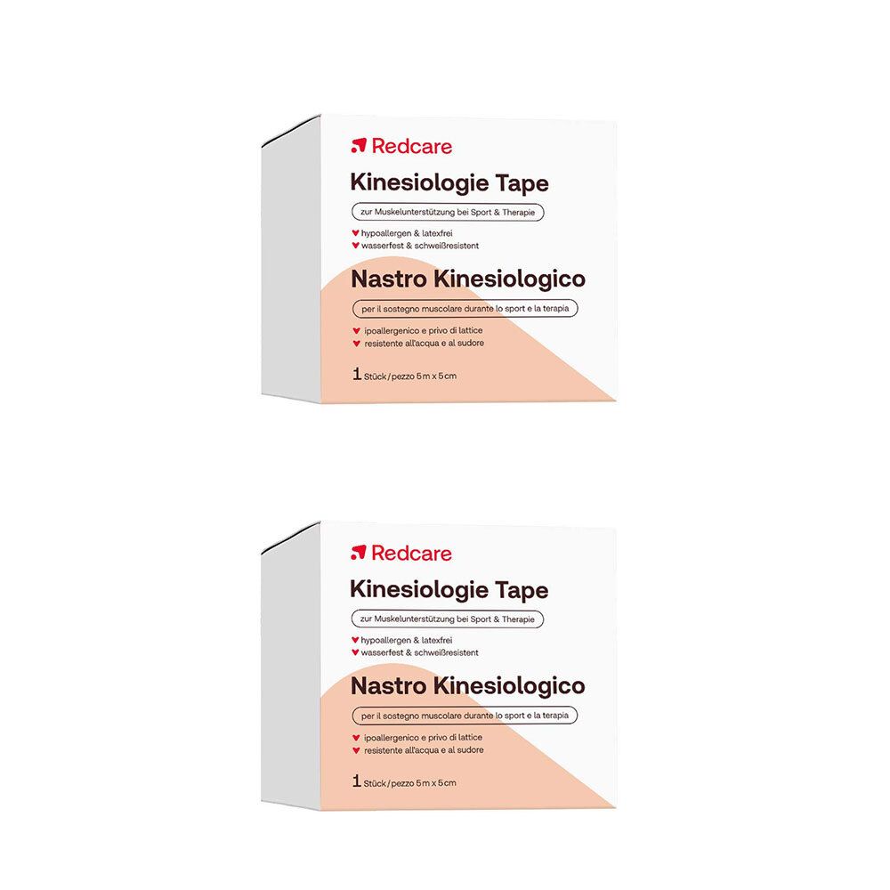 Verpakking van kinesiotape. Merk Redcare. Opschrift: Kinesiologie Tape, Nastro Kinesiologico. 1 rol, 5cm x 5m.