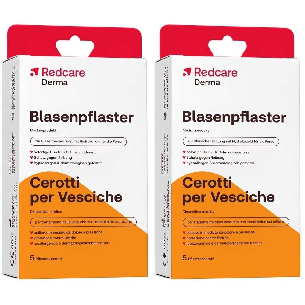 Twee verpakkingen blarenpleisters. Opschrift: Redcare Derma, Blasenpflaster, Cerotti per Vesciche. 5 pleisters.