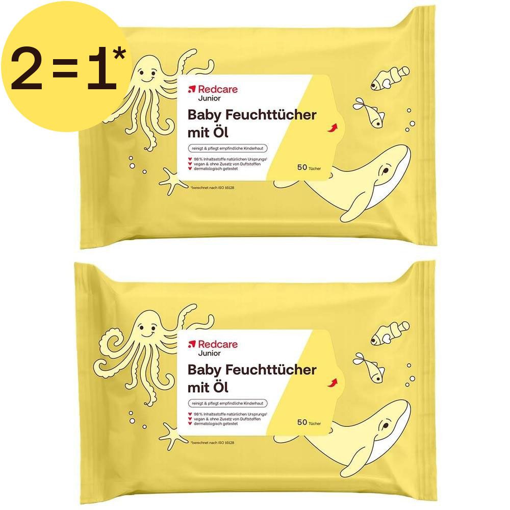 Twee pakken Redcare Junior Baby Feuchttücher mit Öl, 2=1 actie, 50 doekjes per pak.