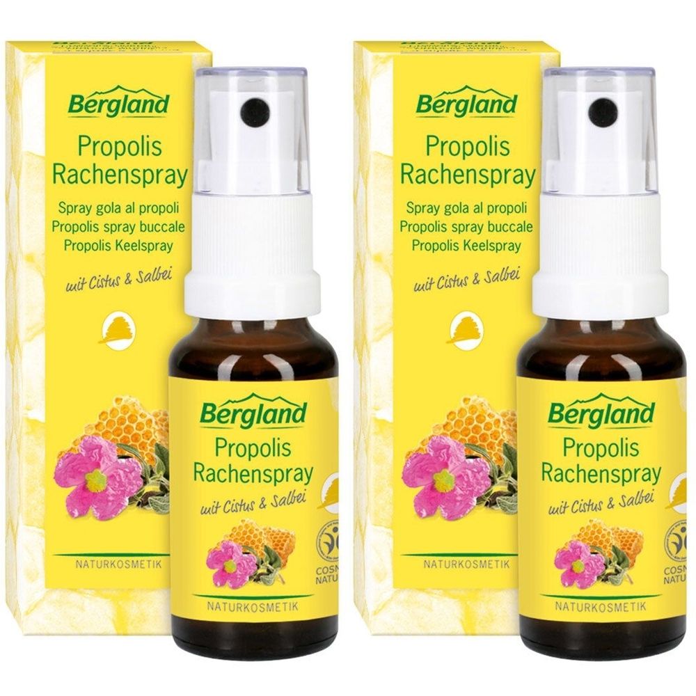 Deux flacons avec vaporisateur et étiquettes jaunes. Inscription : Bergland Propolis Rachenspray. Avec emballage.