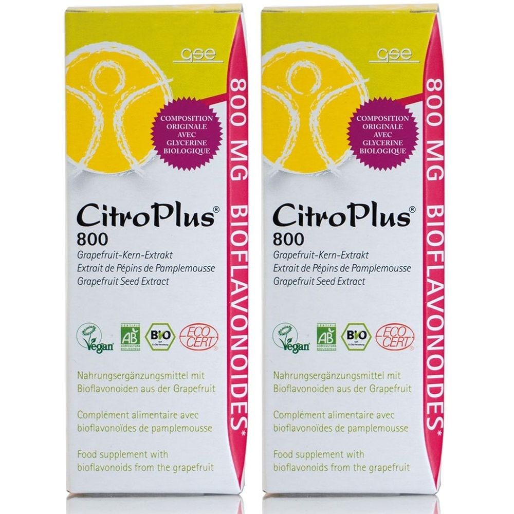 Deux boîtes rectangulaires de CitroPlus® 800. Inscriptions : 800 MG Bioflavonoïdes, extrait de pépins de pamplemousse, label Vegan, certification Bio.
