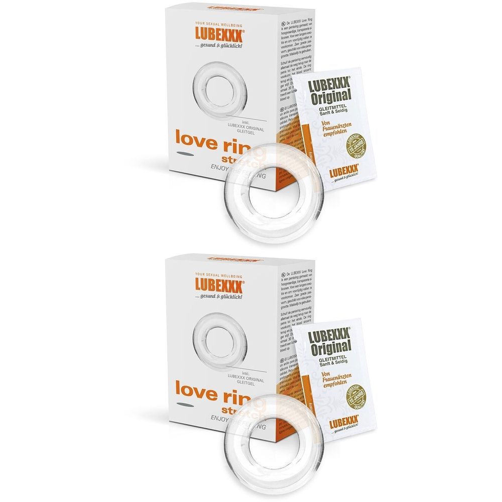 Deux anneaux transparents avec emballage. L'emballage porte la mention LUBEXXX et love ring. Une notice avec LUBEXXX Original.