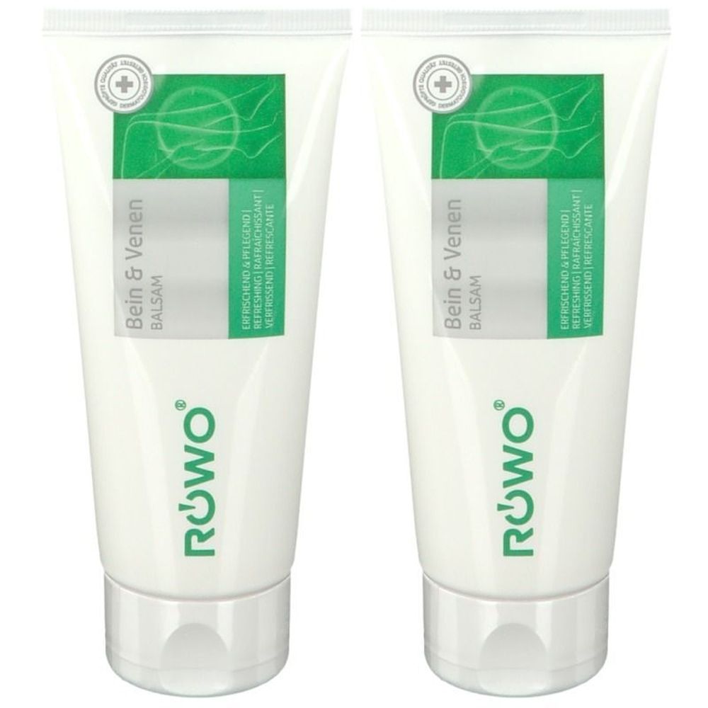 Deux tubes de baume pour les jambes et les veines. Tubes blancs avec étiquette verte. Inscription : Bein & Venen Balsam. Marque : RÖWO.