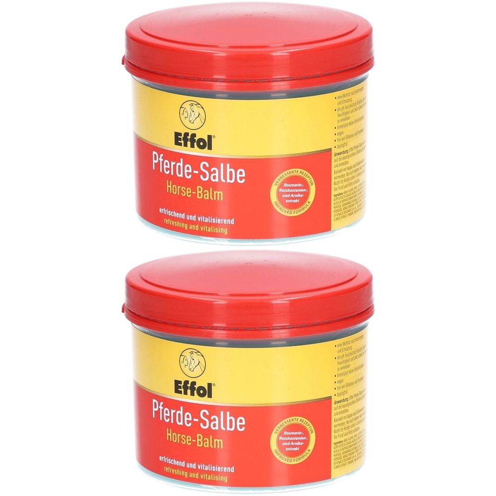 Deux pots avec couvercles rouges et étiquettes jaune et rouge. Inscription : Effol Pferde-Salbe, Horse-Balm. Avec sceau.