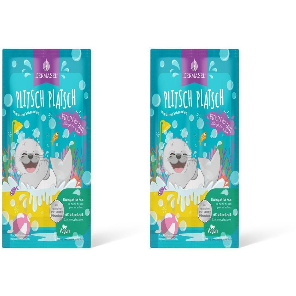 Deux paquets de sel de bain DERMASEL® Plitsch Platsch avec illustration de phoque. "Monde merveilleux des couleurs". Vegan.