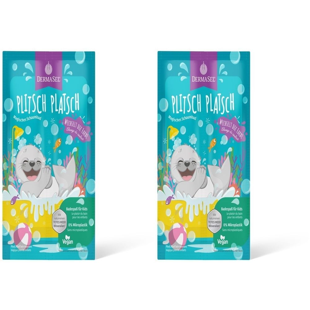 Deux paquets de sel de bain DERMASEL® Plitsch Platsch avec illustration de phoque. "Monde merveilleux des couleurs". Vegan.