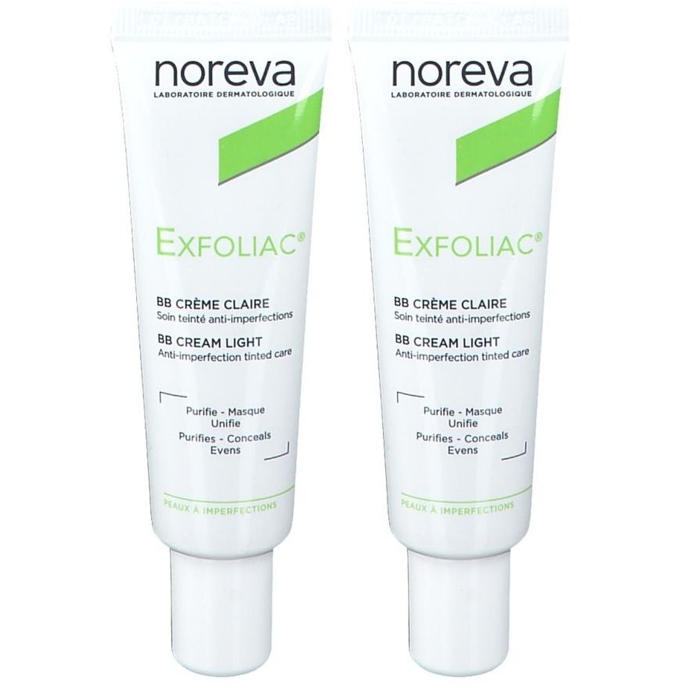 Deux tubes de BB Crème Light. Tubes blancs avec accents verts. Inscriptions: noreva, Exfoliac, BB Crème Claire, BB Cream Light.