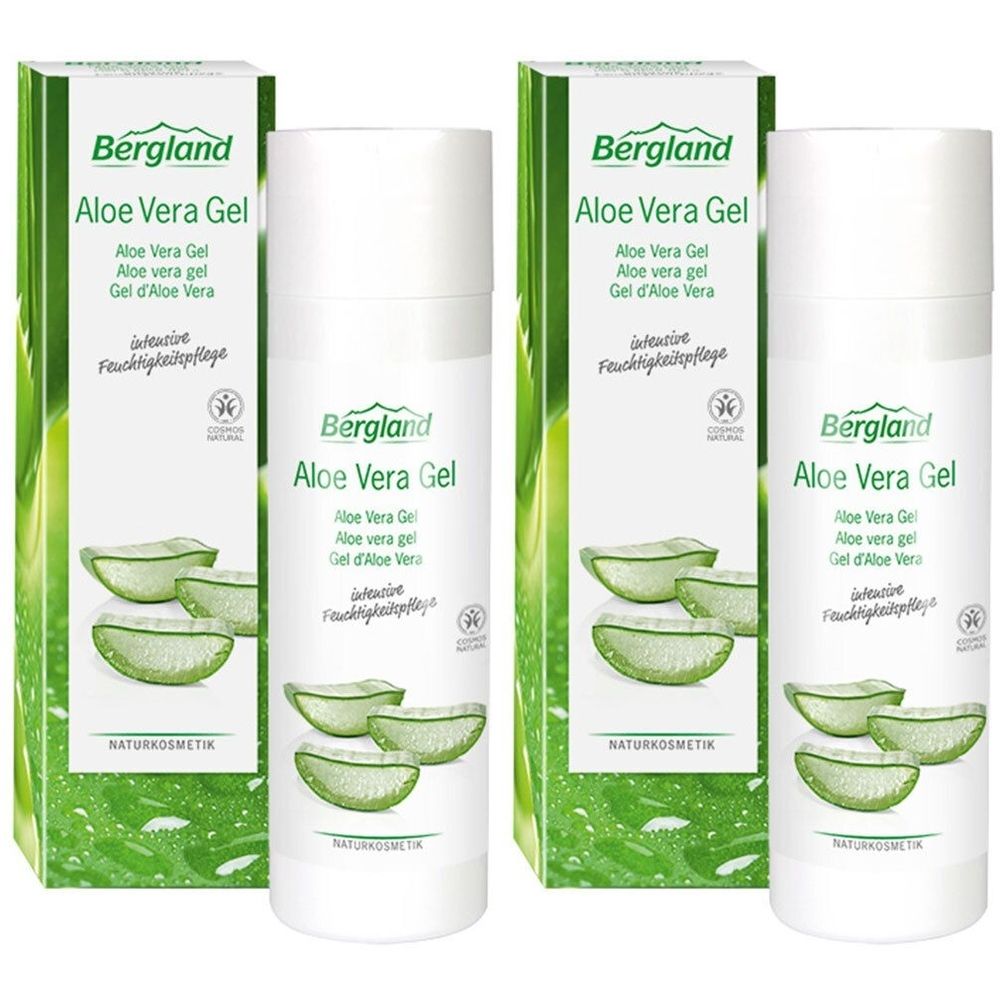 Gel d'Aloe Vera Bergland. Flacon blanc et emballage vert. Nom du produit et tranches d'aloe vera. Label cosmétique naturel.