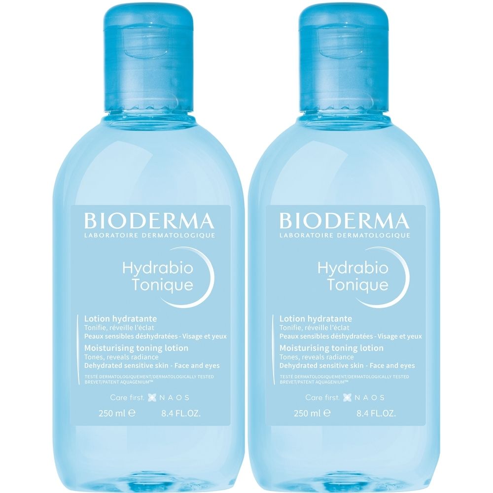 Twee blauwe flessen BIODERMA Hydrabio Tonique. Opschrift: Lotion hydratante, Peaux sensibles déshydratées. 250 ml.