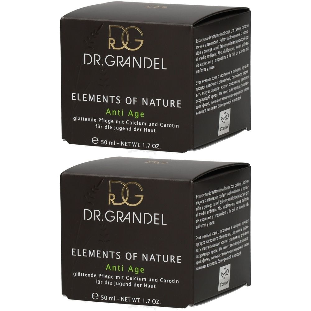 Deux boîtes carrées. Inscription: DR. GRANDEL ELEMENTS OF NATURE Anti Age. Avec calcium et carotène. 50 ml.
