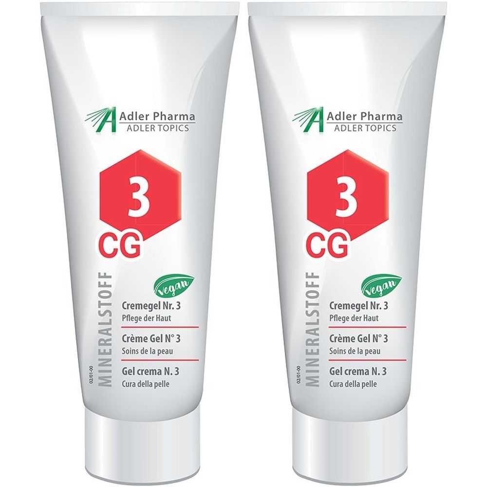Twee witte crèmetubes met rode zeshoek en opschrift "3 CG". Tekst: MINERALSTOFF, Cremegel Nr. 3, Adler Pharma.