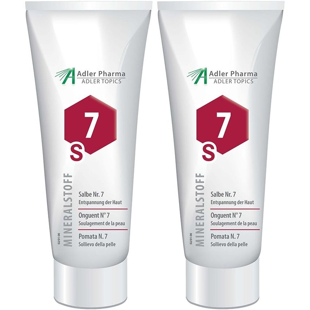 Twee witte tubes MINERALSTOFF Salbe Nr. 7. Rode opdruk met nummer 7 en Adler Pharma logo. Tekst in het Duits, Frans en Italiaans.