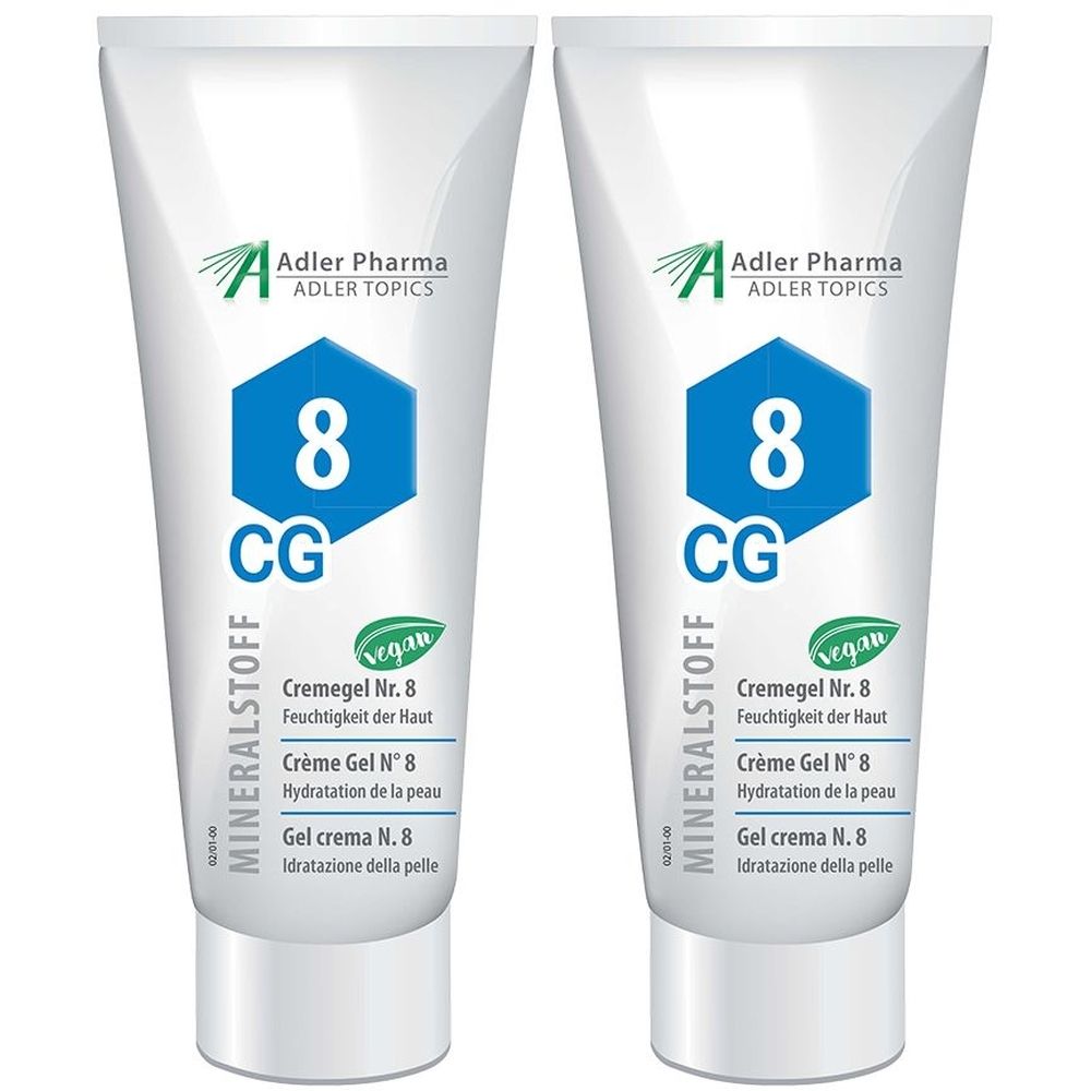 Twee witte tubes MINERALSTOFF Cremegel Nr. 8. Blauwe zeshoeken met "8" en "CG". Vegan keurmerk. Adler Pharma logo.