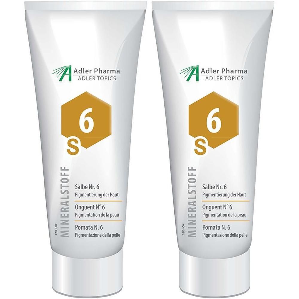 Twee tubes MINERALSTOFF Zalf Nr. 6 van Adler Pharma. Witte tubes met oranje-geel zeshoekig logo en tekst.