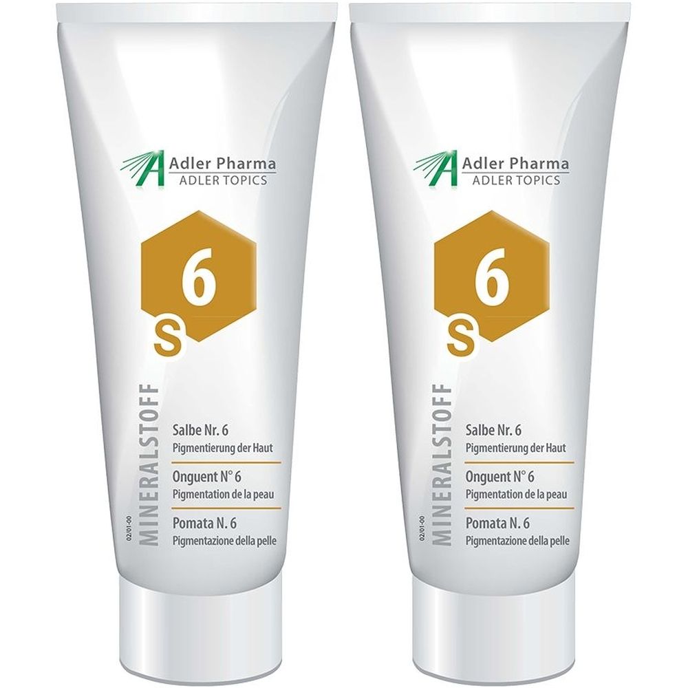 Twee tubes MINERALSTOFF Zalf Nr. 6 van Adler Pharma. Witte tubes met oranje-geel zeshoekig logo en tekst.