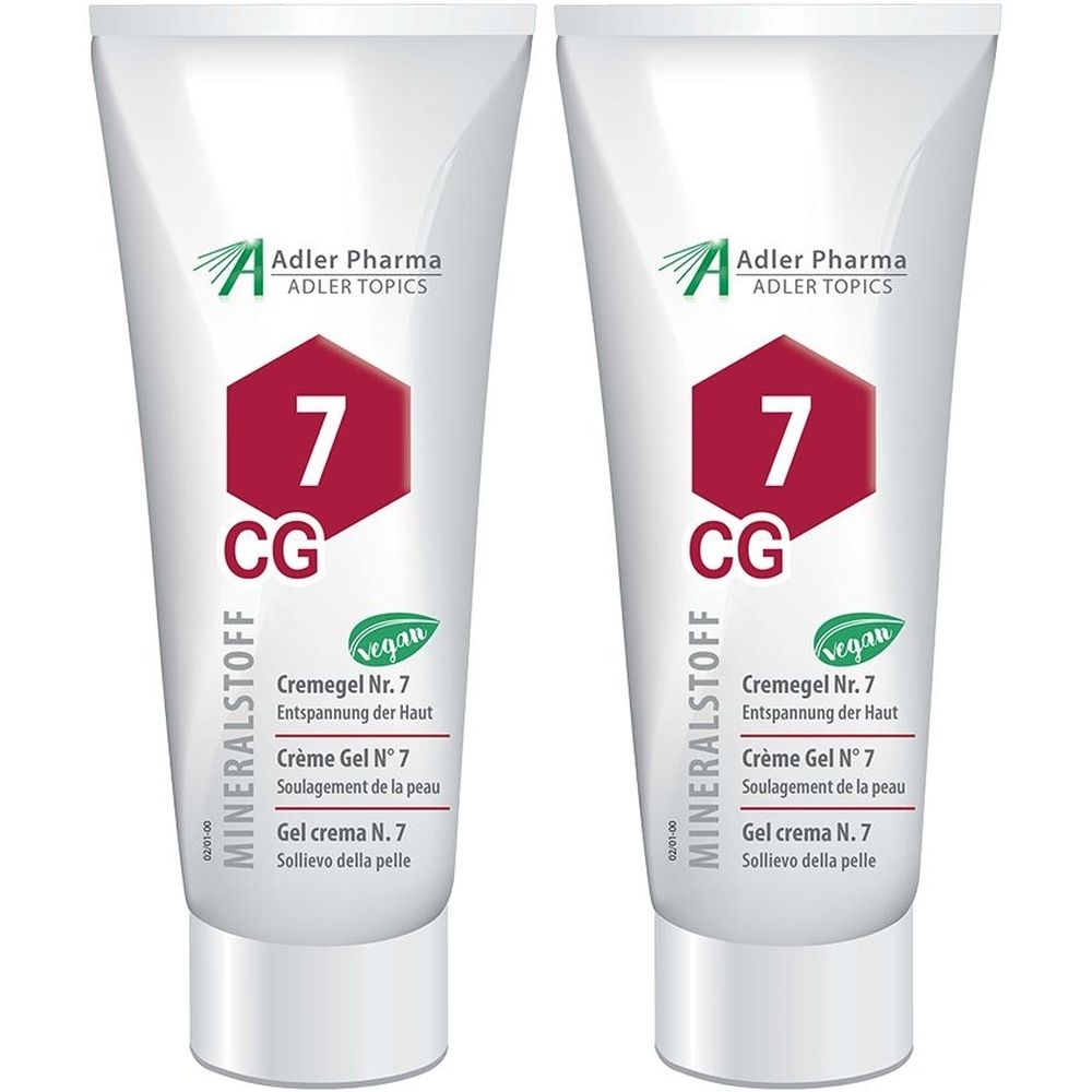 Twee tubes Crèmegel Nr. 7. Opschrift: Adler Pharma, MINERALSTOFF, vegan. Rode zeshoek met "7" en "CG".