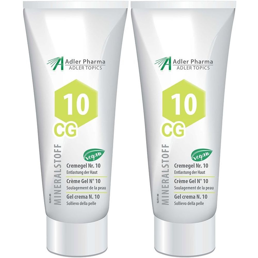 Twee tubes Cremegel Nr. 10. Wit, met groene en zwarte tekst. Merk Adler Pharma. Vegan-keurmerk.