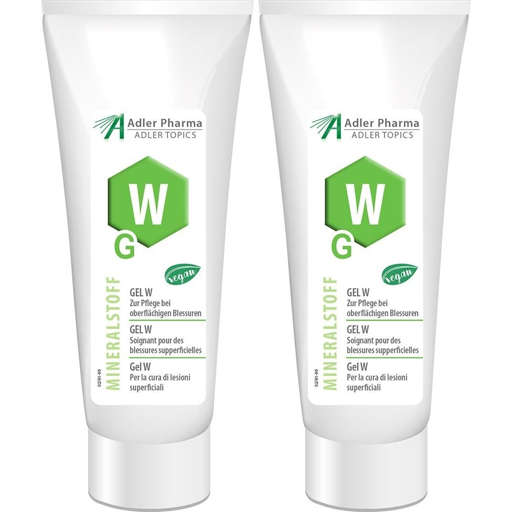 Twee witte tubes MINERALSTOFF GEL W. Op elke tube logo Adler Pharma, groene zeshoek met "W" en "G", tekst.