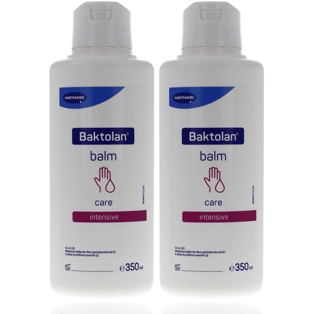 Deux flacons blancs de Baktolan® balm. Inscription : Baktolan balm, care intensive. Logo : main avec goutte. 350ml.