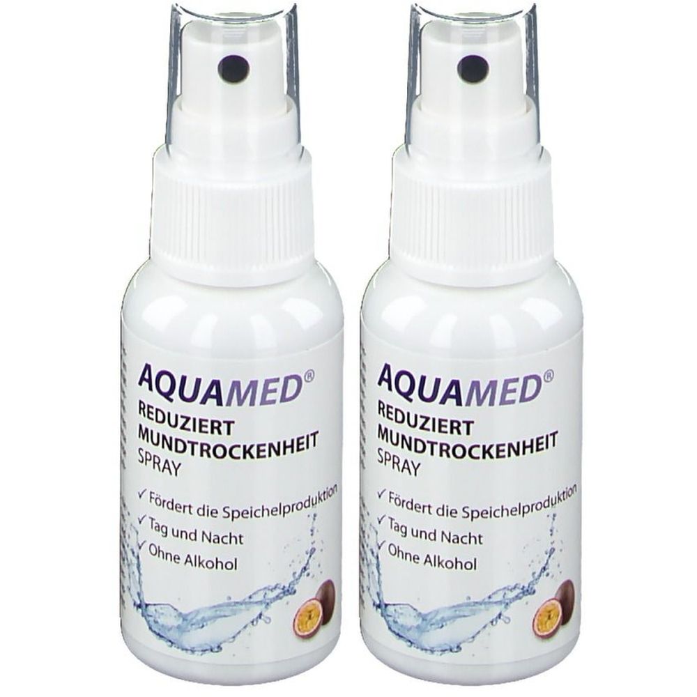 Twee witte sprayflacons met zwarte sproeikop. Opschrift: AQUAMED, spray tegen droge mond. Met productinformatie en logo.