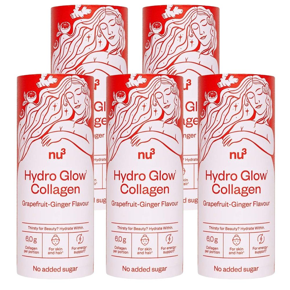 Rode cilindervormige verpakking. Opschrift: Hydro Glow Collagen, Grapefruit-Ginger Flavour. Bevat 6,0g collageen per portie. Zonder toegevoegde suiker.